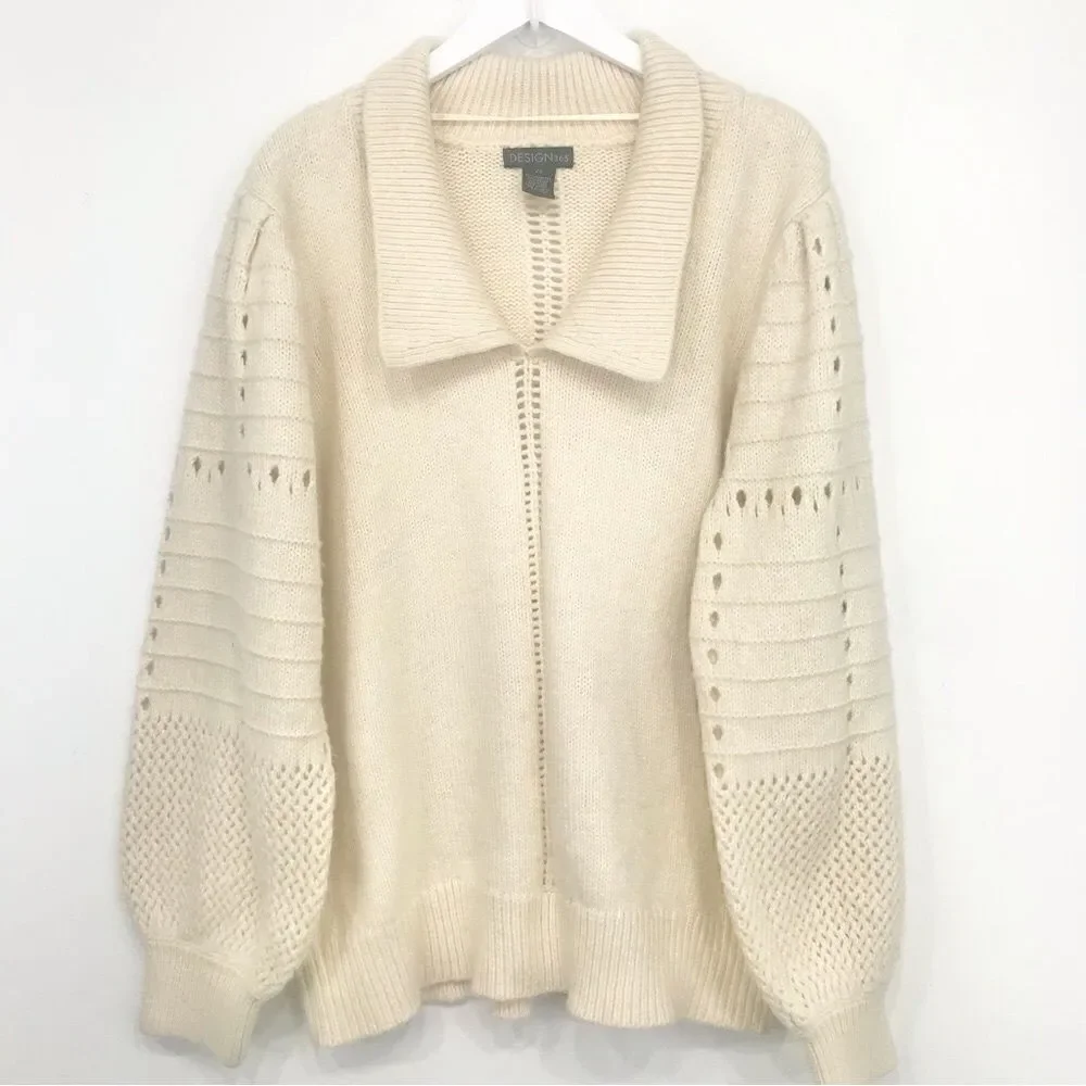 Design 365 Cream Cozy Puff Sleeve Collared Pullover Thick Knit Sweater